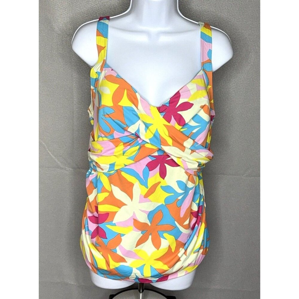 Tankini Swim Top V Neck Floral Colorful Wrap Underwire Lands End Plus Size 18W